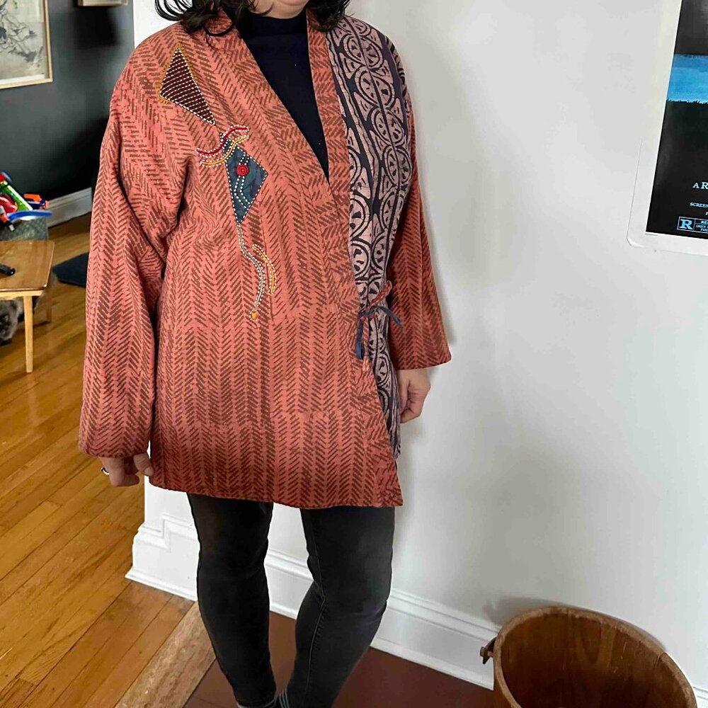 Reversible Batik Cotton Embroidery Kimono Robe Duster Lounge Handmade global
